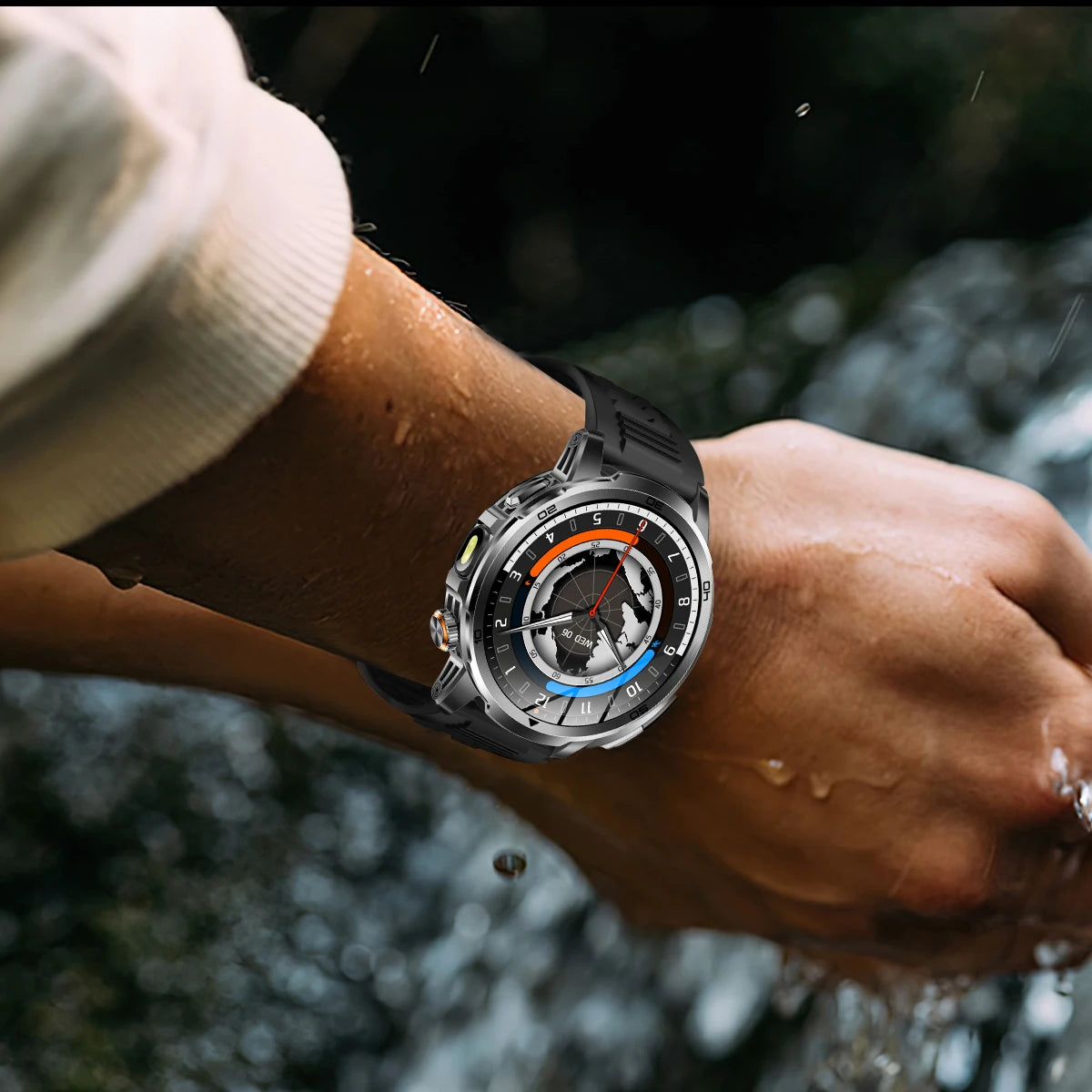 Close-up of a wrist wearing a detailed watch with a blurred natural background