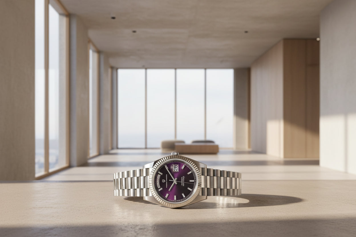 Silver Pagani Design watch with purple dial on a textured surface