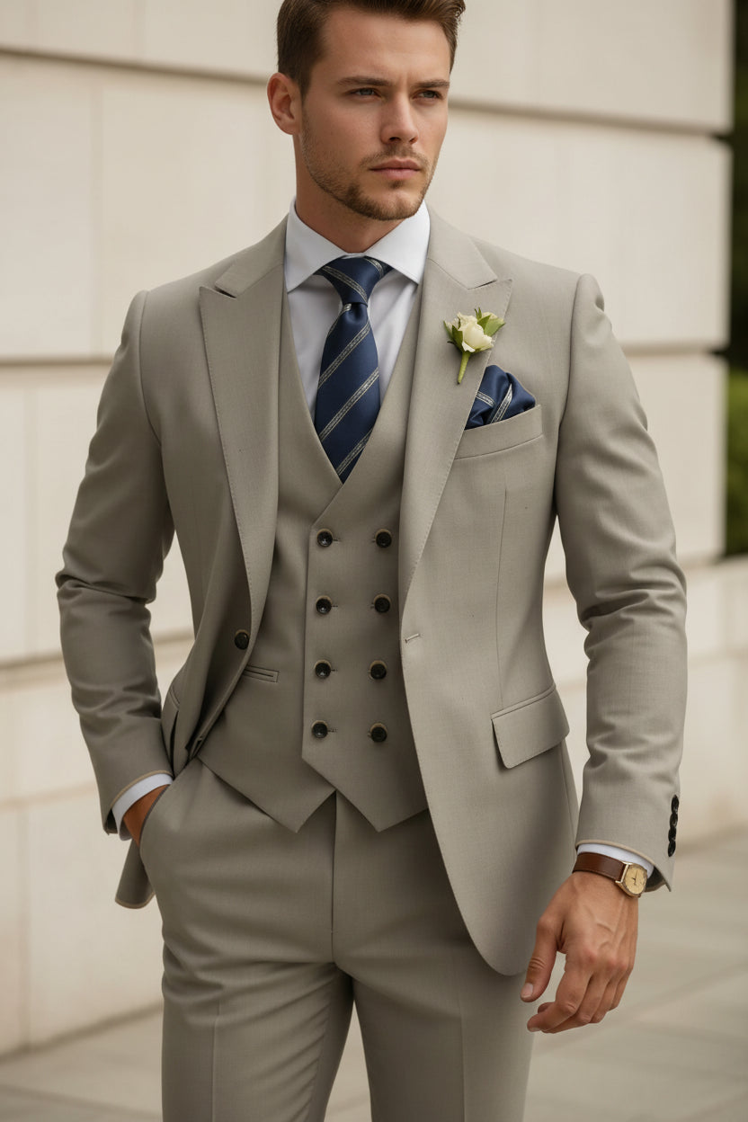 Beige suit with striped tie and pocket square on a white background