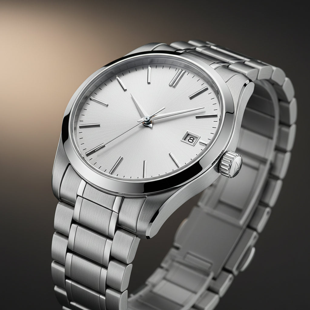 Silver watch with a purple face on a textured surface