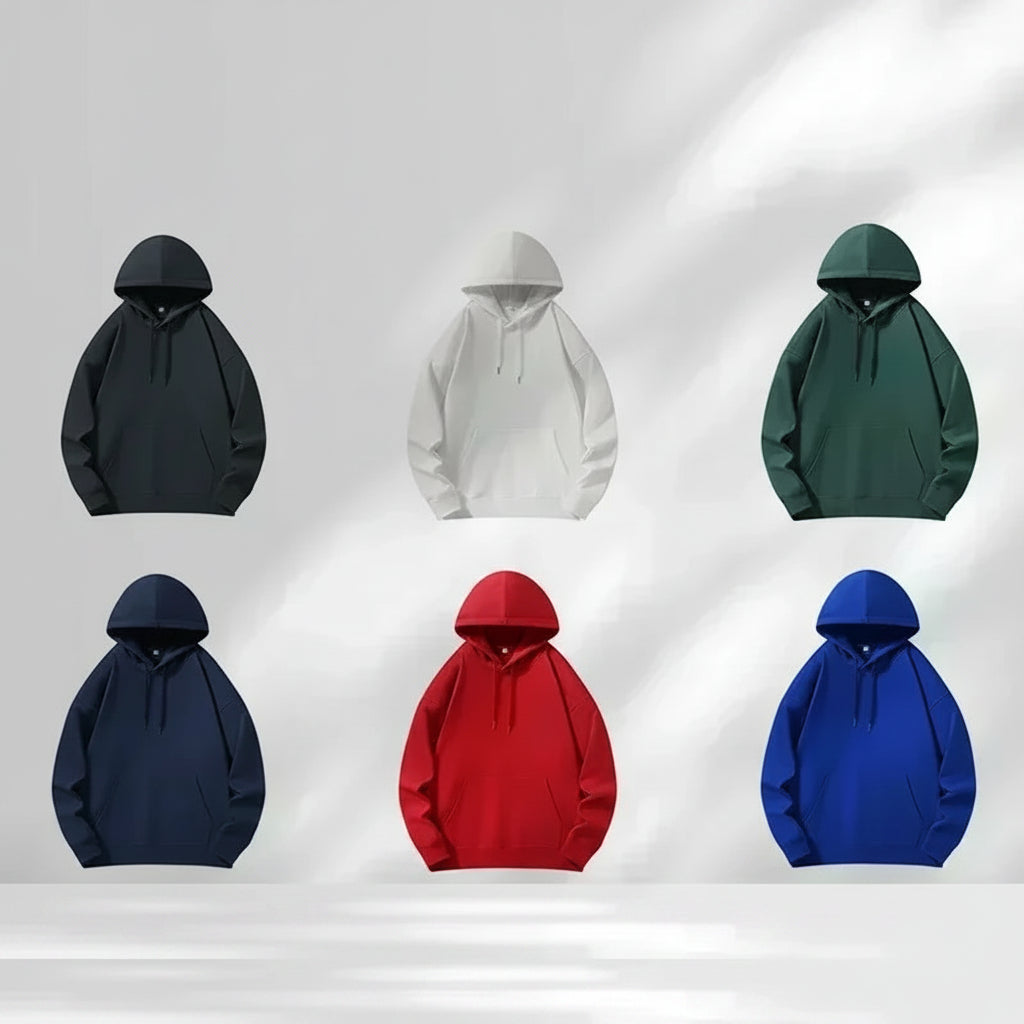 Six hoodies in black, white, green, blue, red, and navy on a light gray background with text.