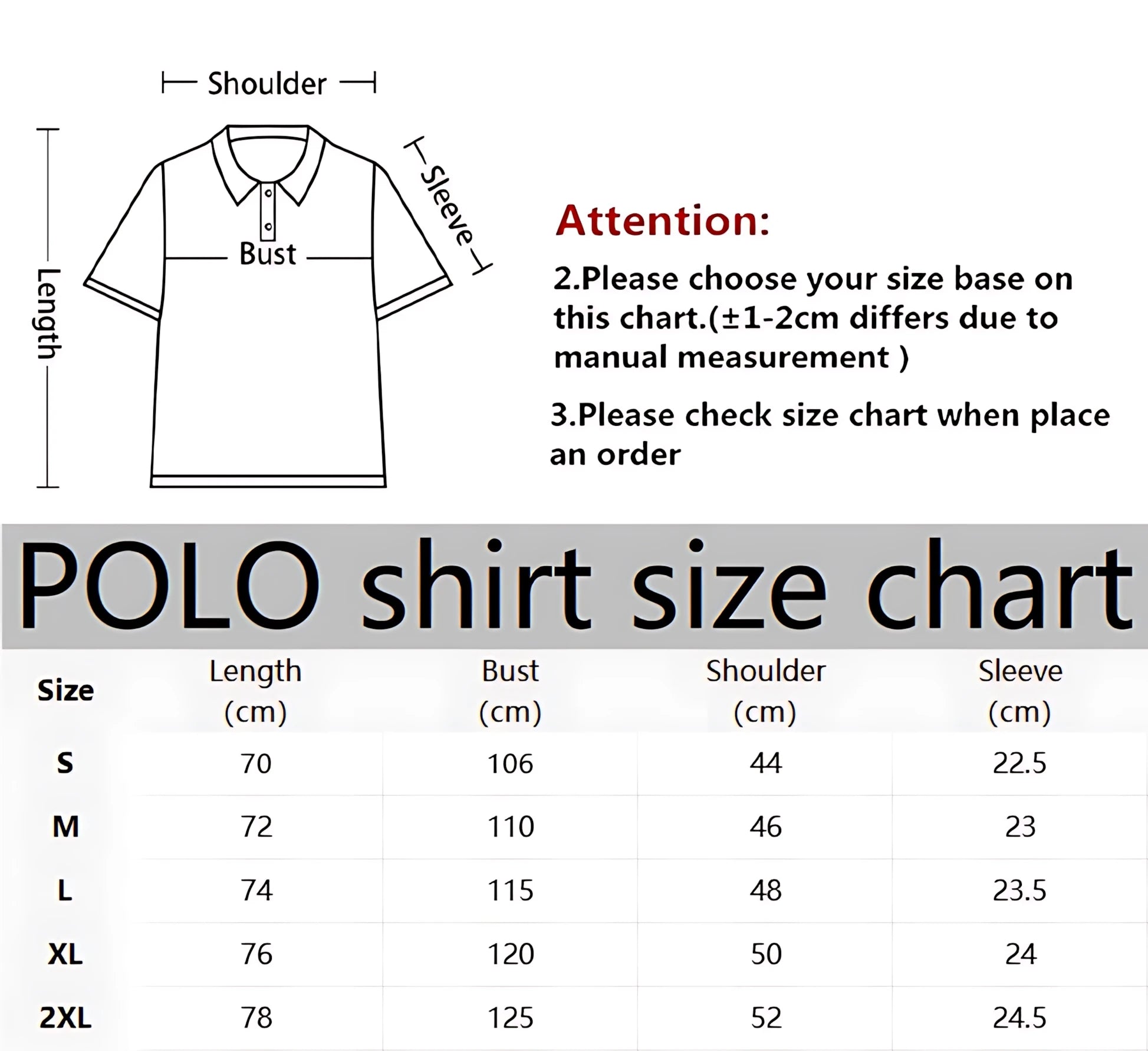 Polo shirt size chart with measurements and instructions on a white background
