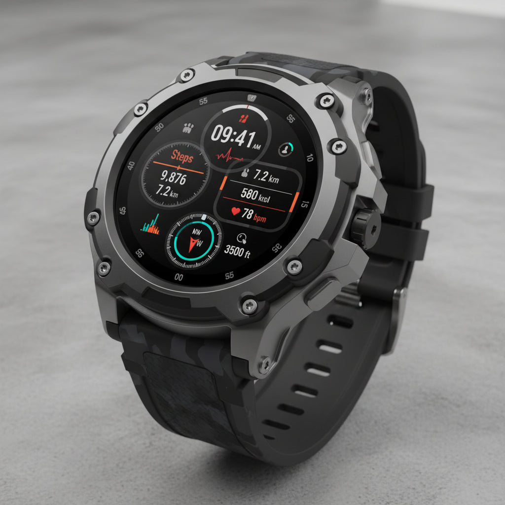 Smartwatch with black band and digital display on a dark background, featuring text about battery capacity and features.