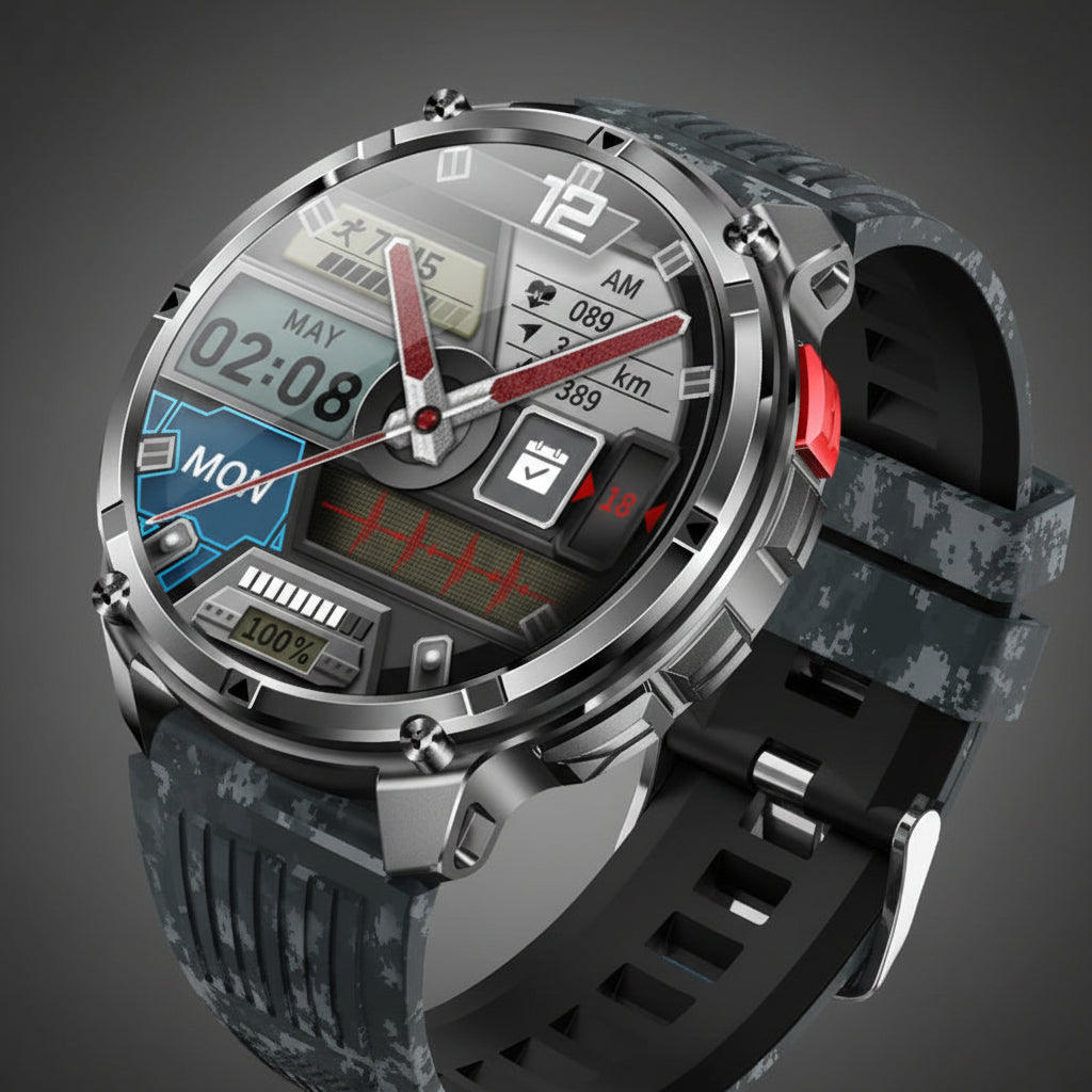 Smartwatch with black band and digital display on a dark background, featuring text about battery capacity and features.