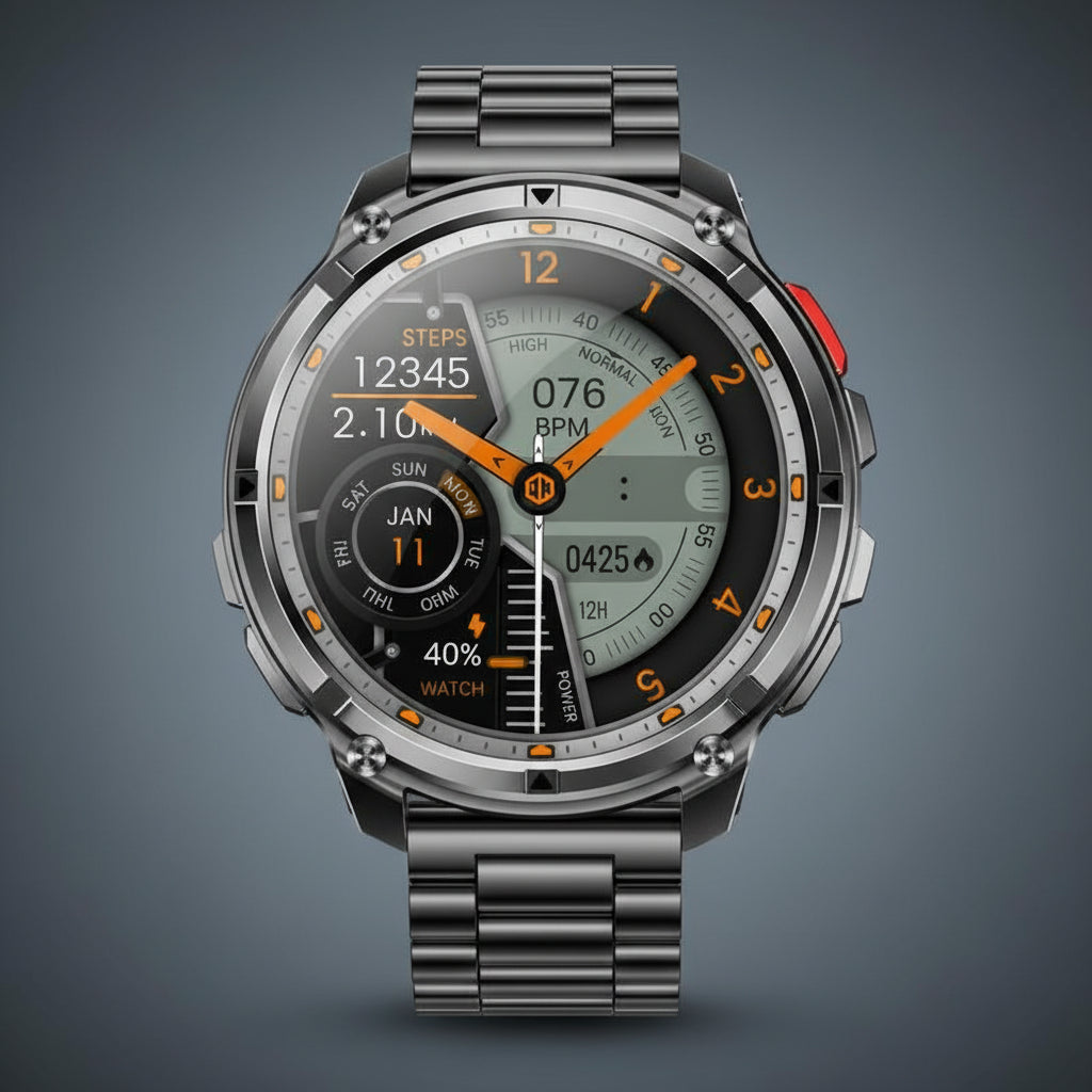 Smartwatch with metallic band and feature highlights on a dark background