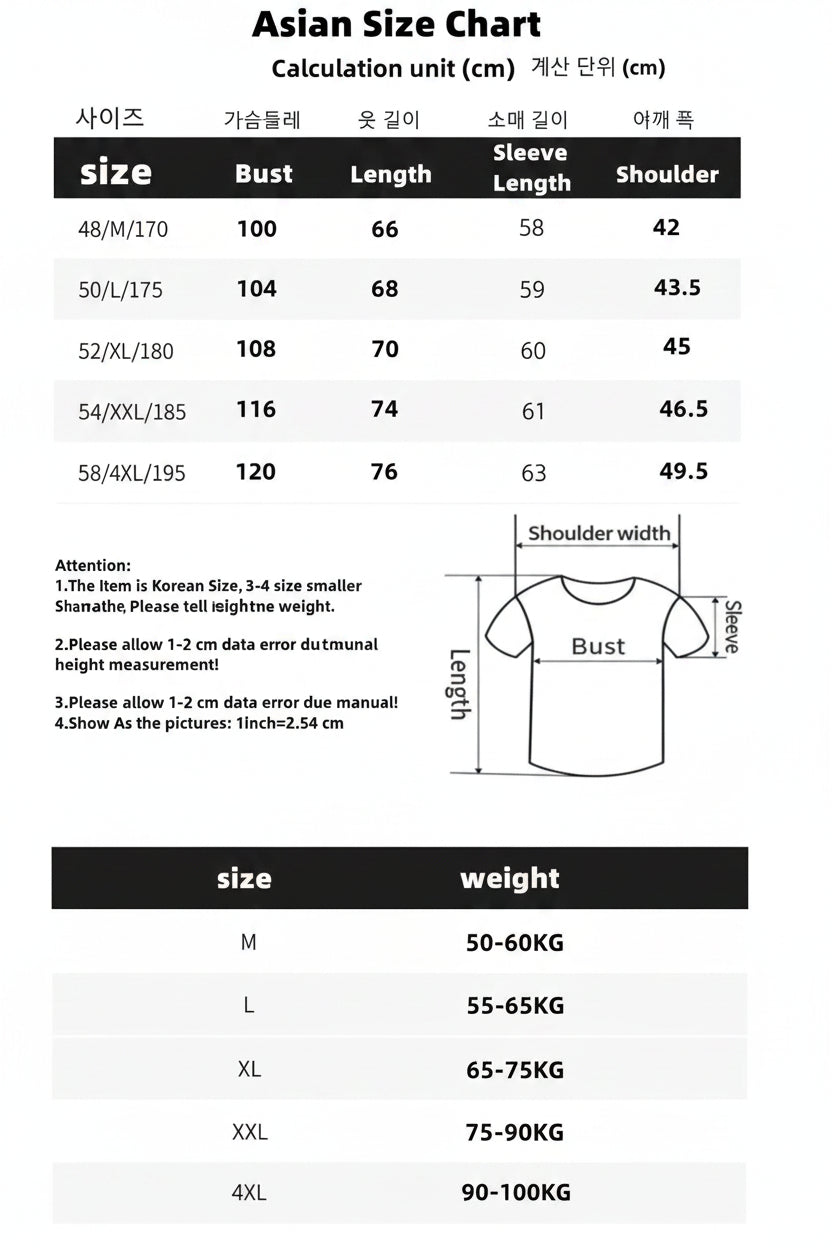 Size chart for shirts with measurements and weight recommendations.