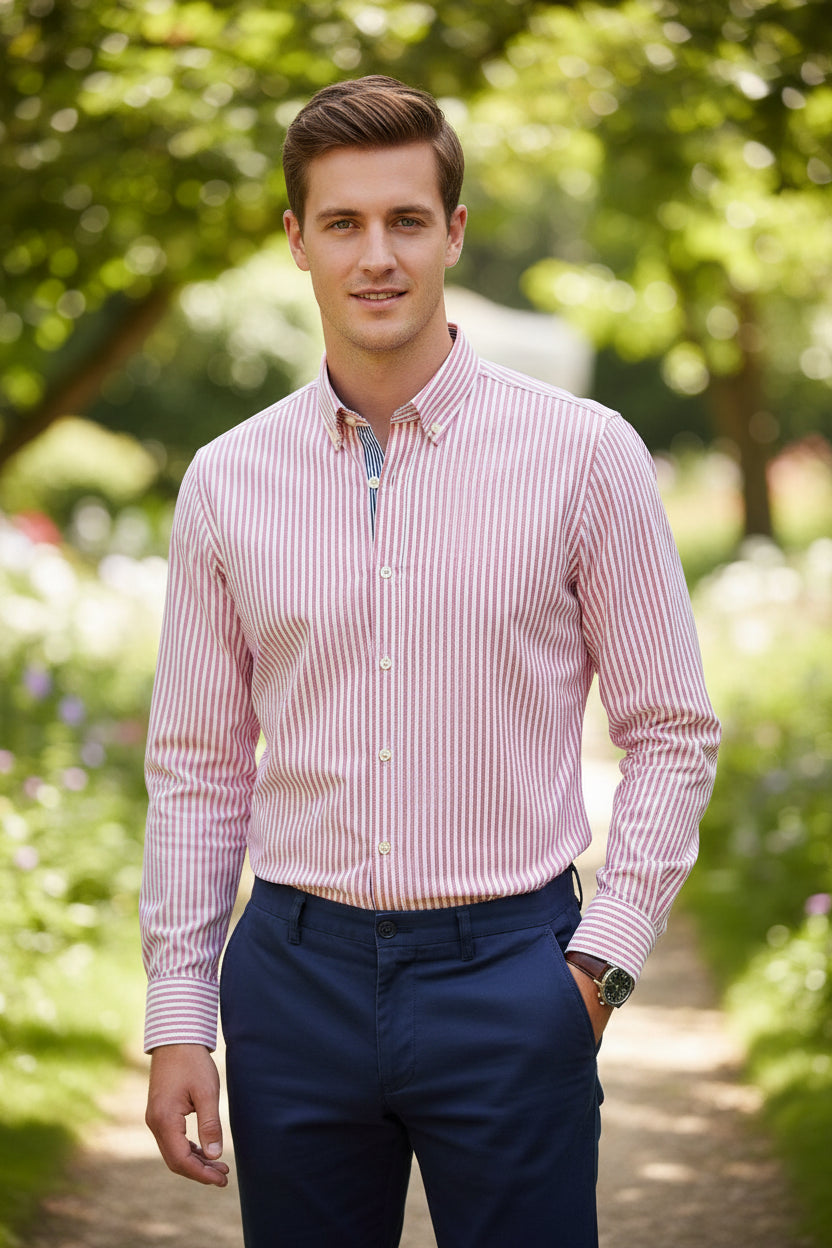 Folded red and white striped shirt with brand logo on a light gray background