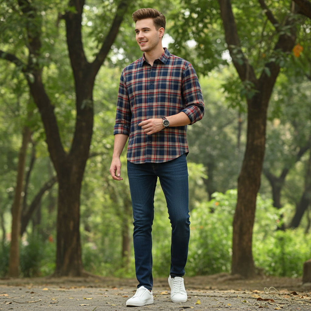 Plaid shirt on a hanger with a hand adjusting it against a metallic background