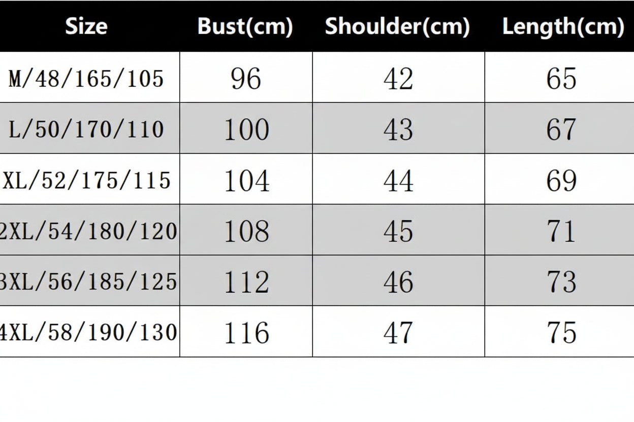 Table displaying measurements for different sizes of a garment with columns for Size, Bust(cm), Shoulder(cm), and Length(cm).