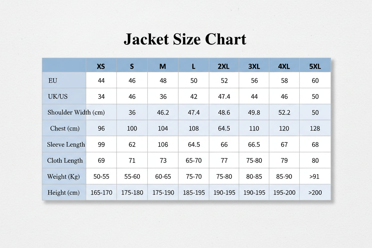 Jacket size chart with measurements in EU, UK/US, shoulder width, chest, sleeve length, cloth length, and weight.