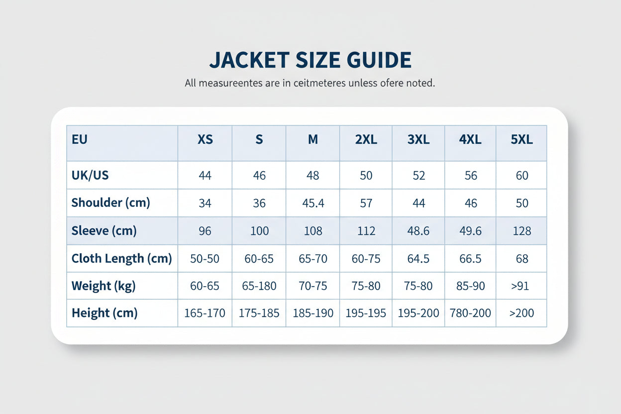 Jacket size chart with measurements in EU, UK/US, shoulder width, chest, sleeve length, cloth length, and weight.