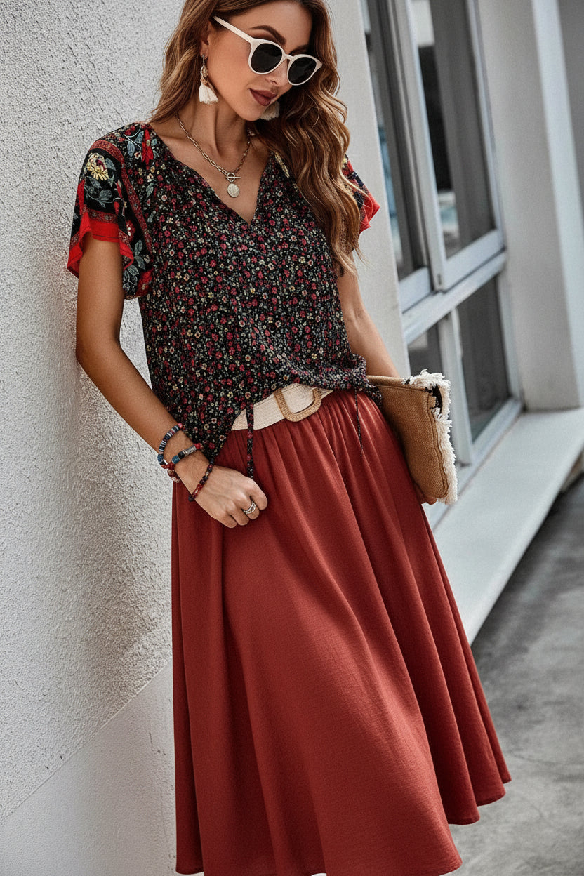 Summer Floral Print V-Neck Blouse for Women - Short Sleeve Boho Casual Beach Top