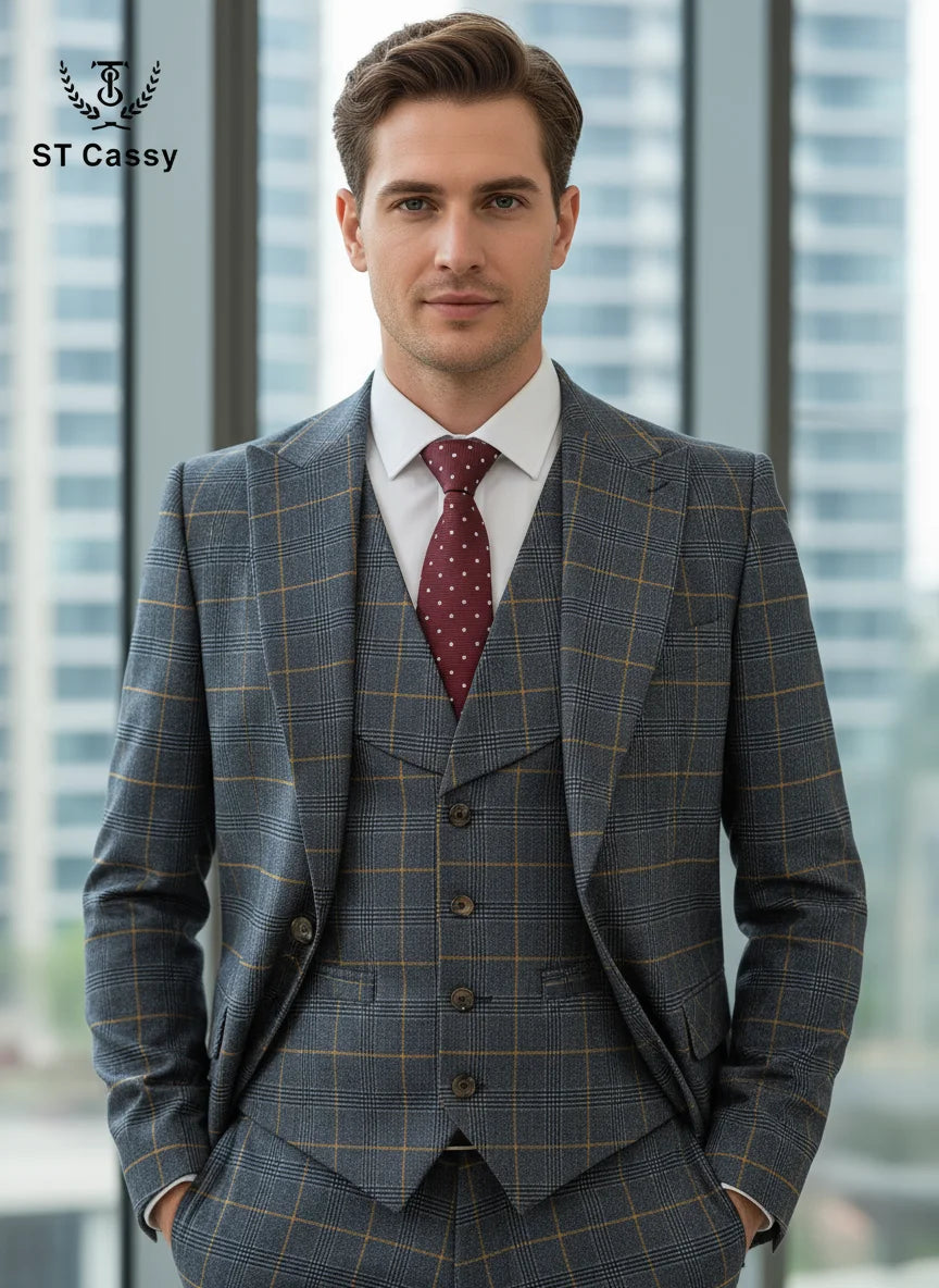 Elevate Your Style with the Dark Blue Checkered 3-Piece Suit Set