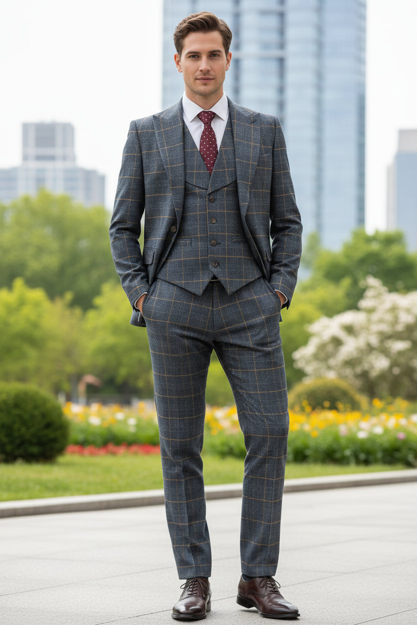 Man wearing a gray checkered suit with a red patterned tie in front of a blurred cityscape.