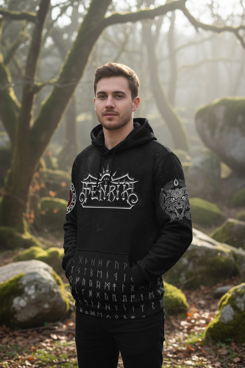 Black hoodie with white designs and text on a white background