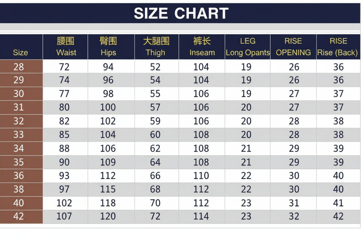 Size chart for clothing measurements in Chinese