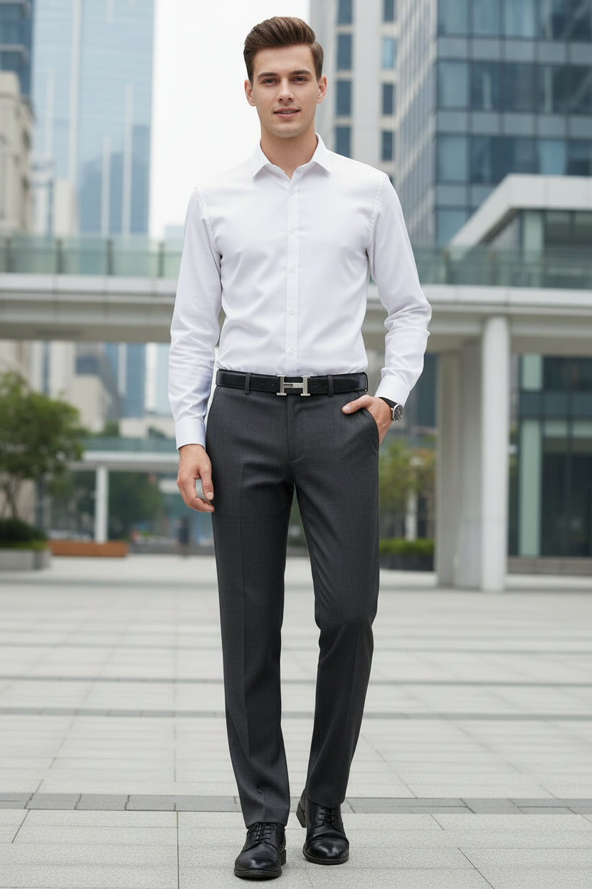 Dark gray dress pants worn by a person on a white background with text about flat front and standard thickness.