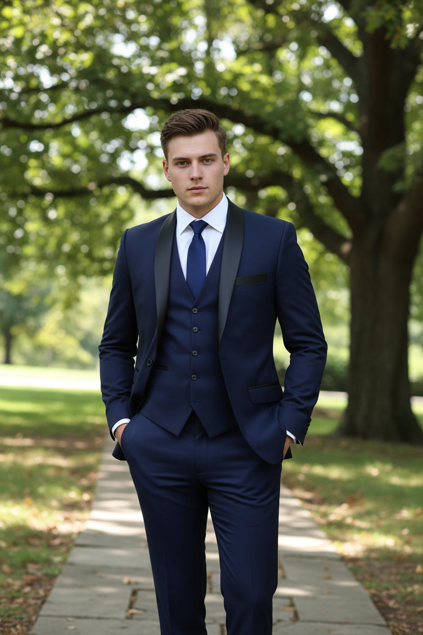 Navy blue suit with matching tie on a plain background