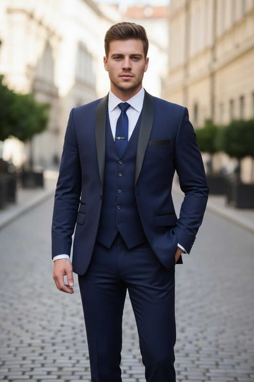 Navy blue suit with matching tie on a plain background