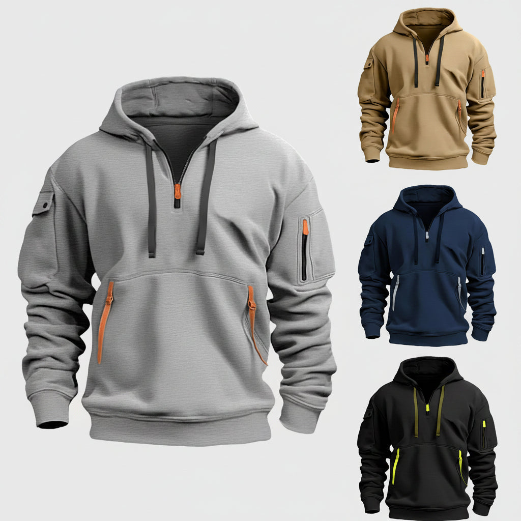 Collection of four hoodies in gray, beige, blue, and black with orange and yellow accents on a white background.