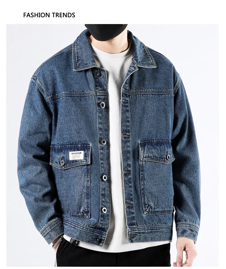 Spring and Autumn 2025 new men's loose and trendy denim jackets, pure cotton men's fashionable workwear jackets size S-4XL