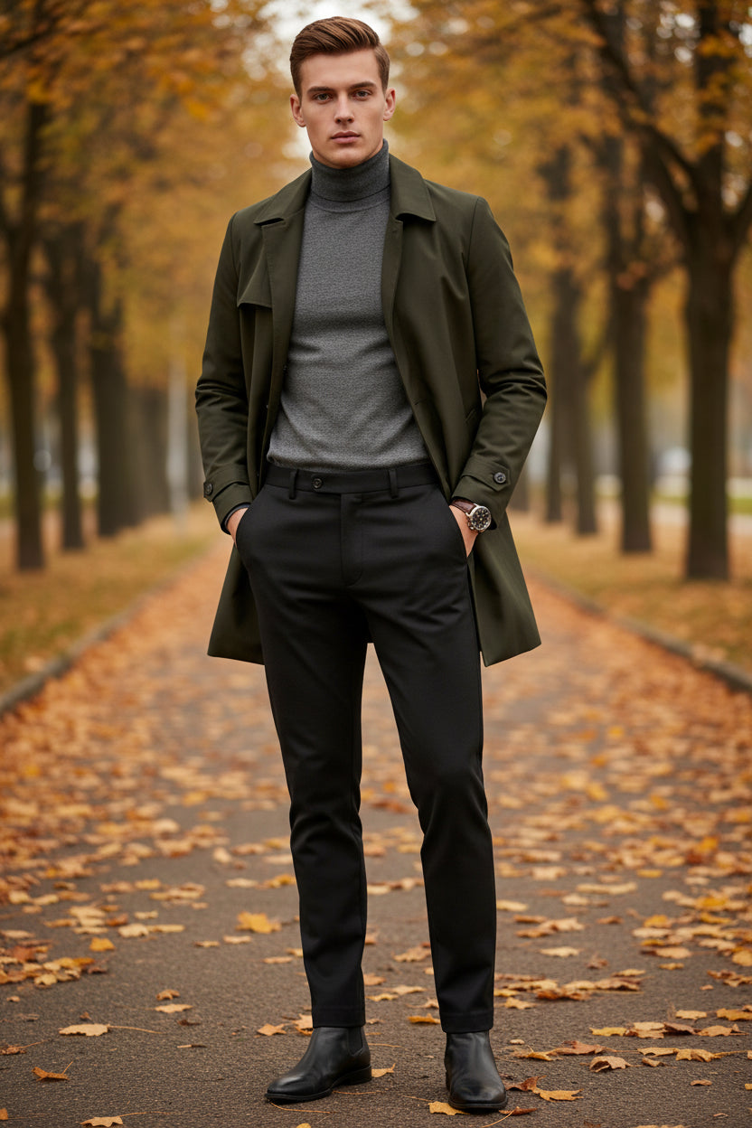 Stack of black gray autumn pants on a white background with a label indicating thickness.