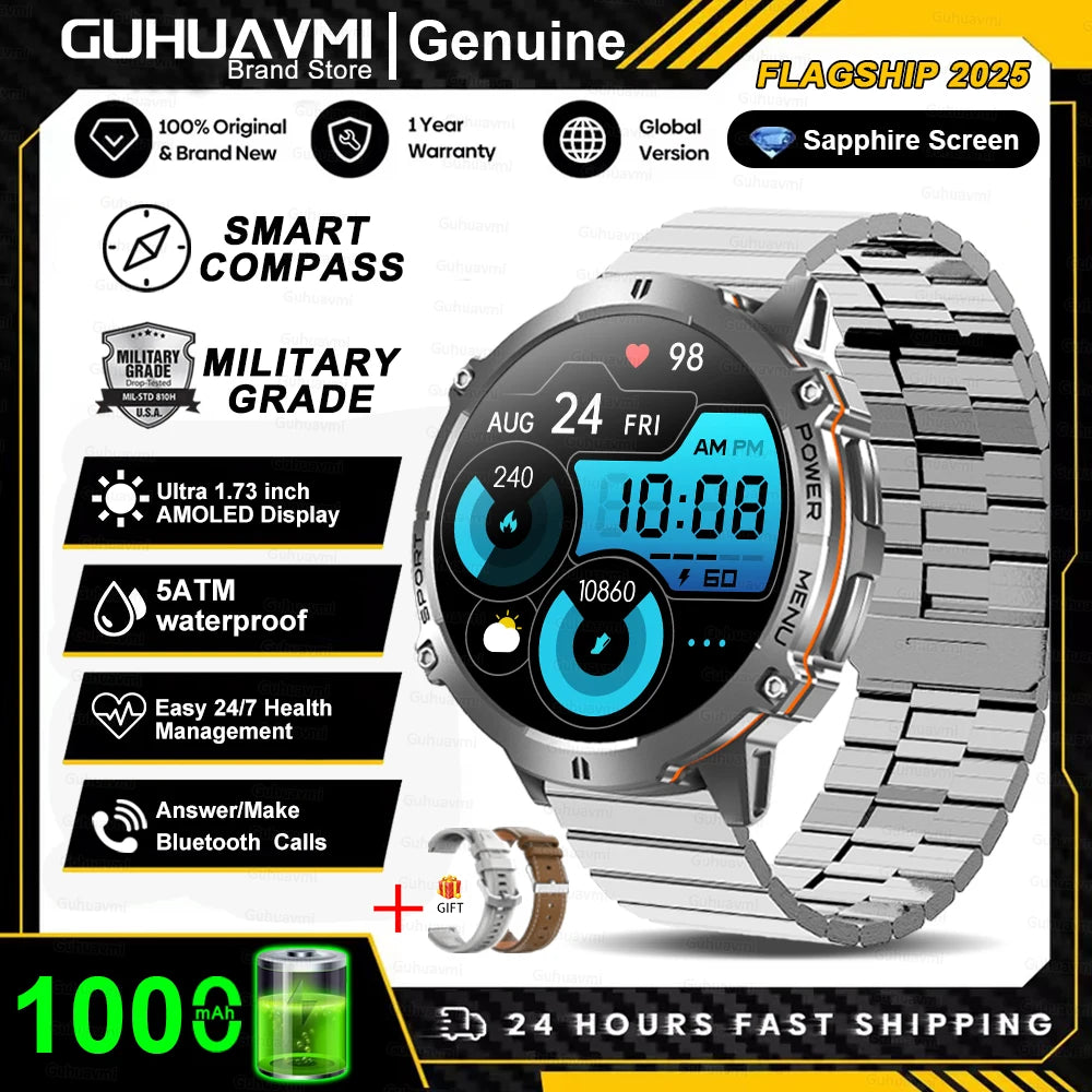 Smartwatch with features highlighted on a promotional graphic, including brand name and product details.
