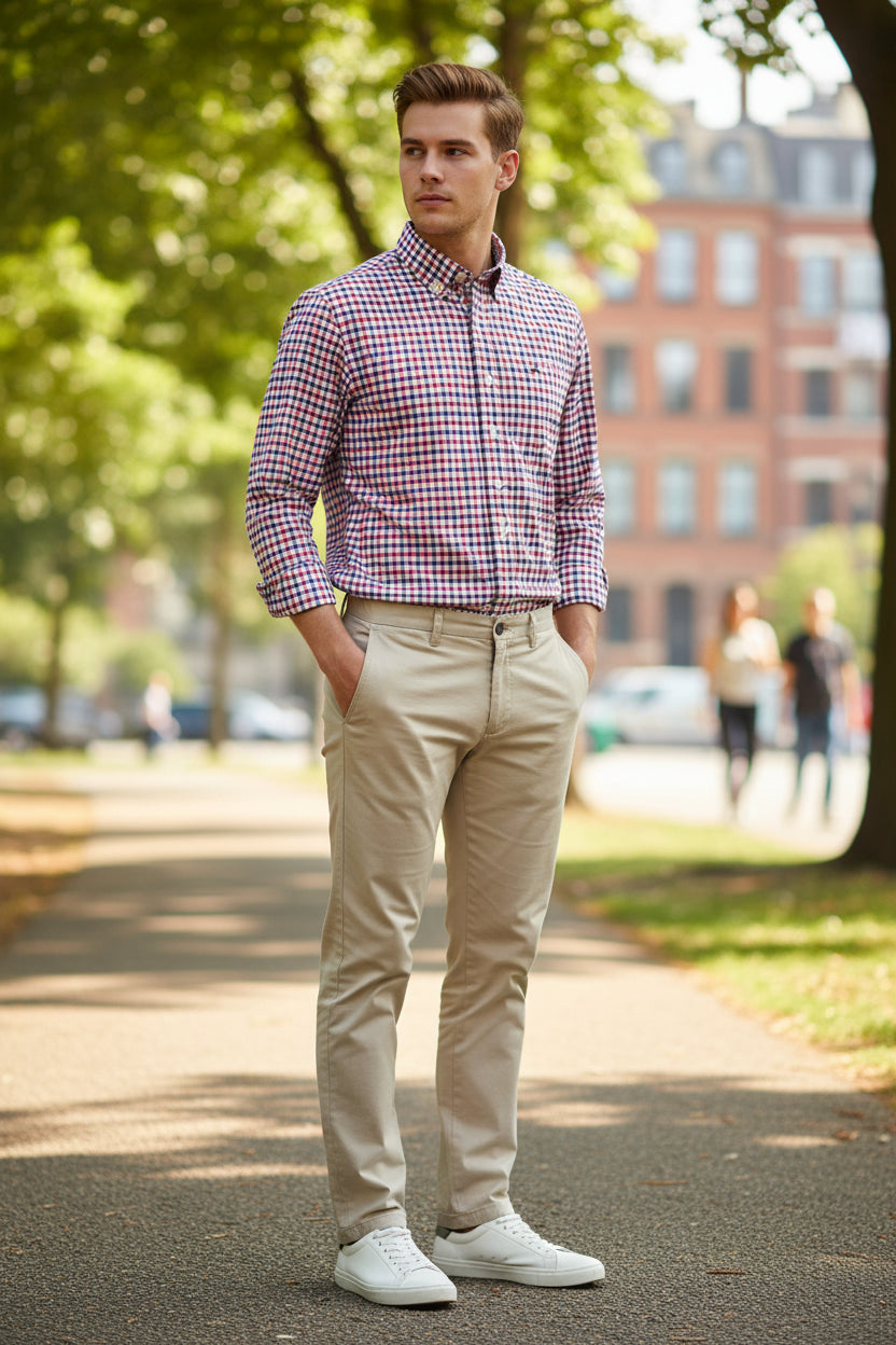 Folded red and blue checkered shirt with brand logo on a white background