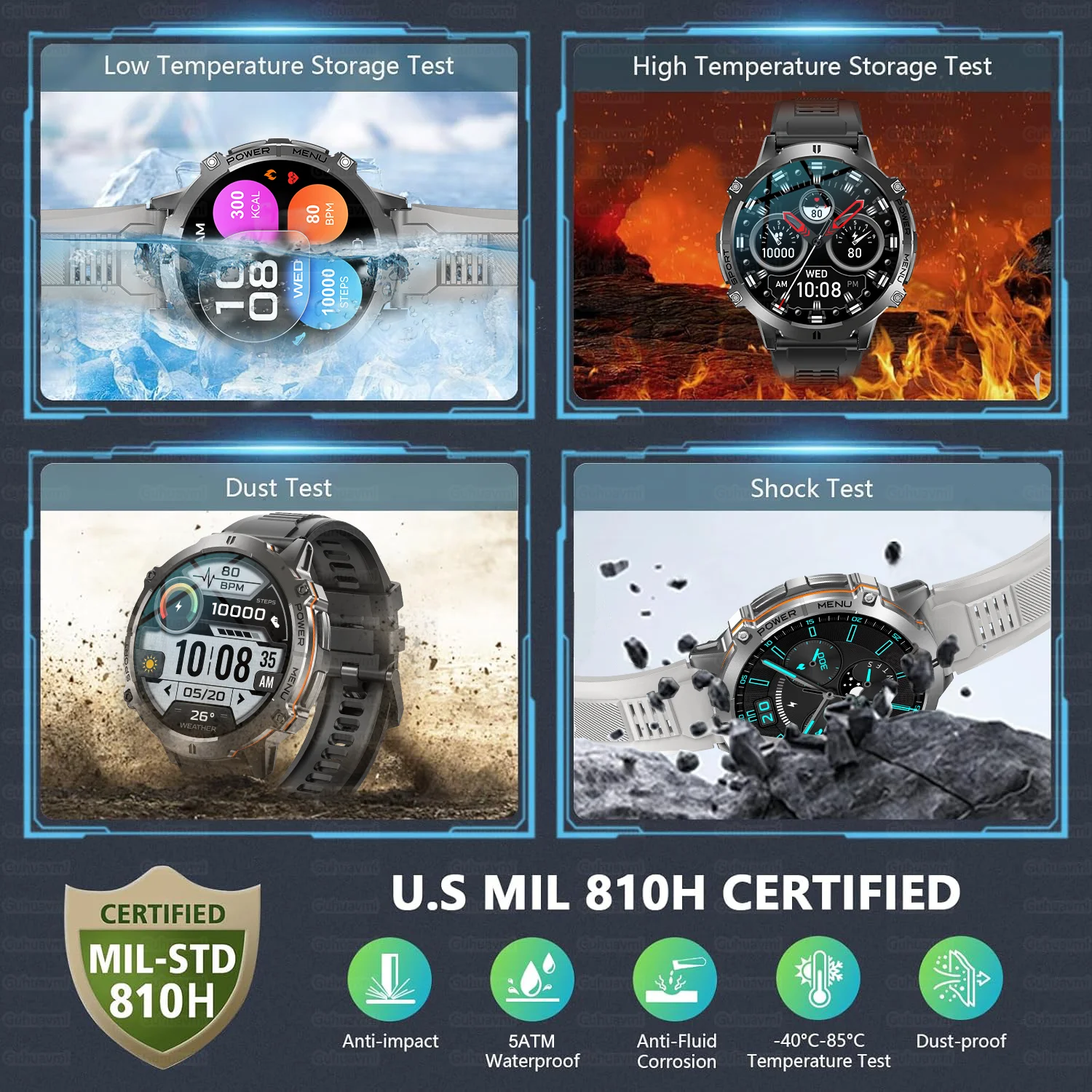 Smartwatch undergoing temperature, dust, and shock tests with certification details.