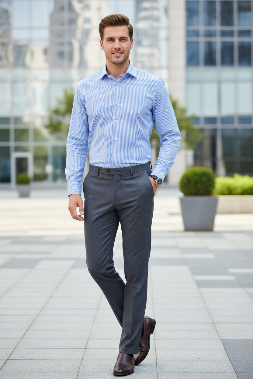 Blue and white striped shirt with a pocket on a white background