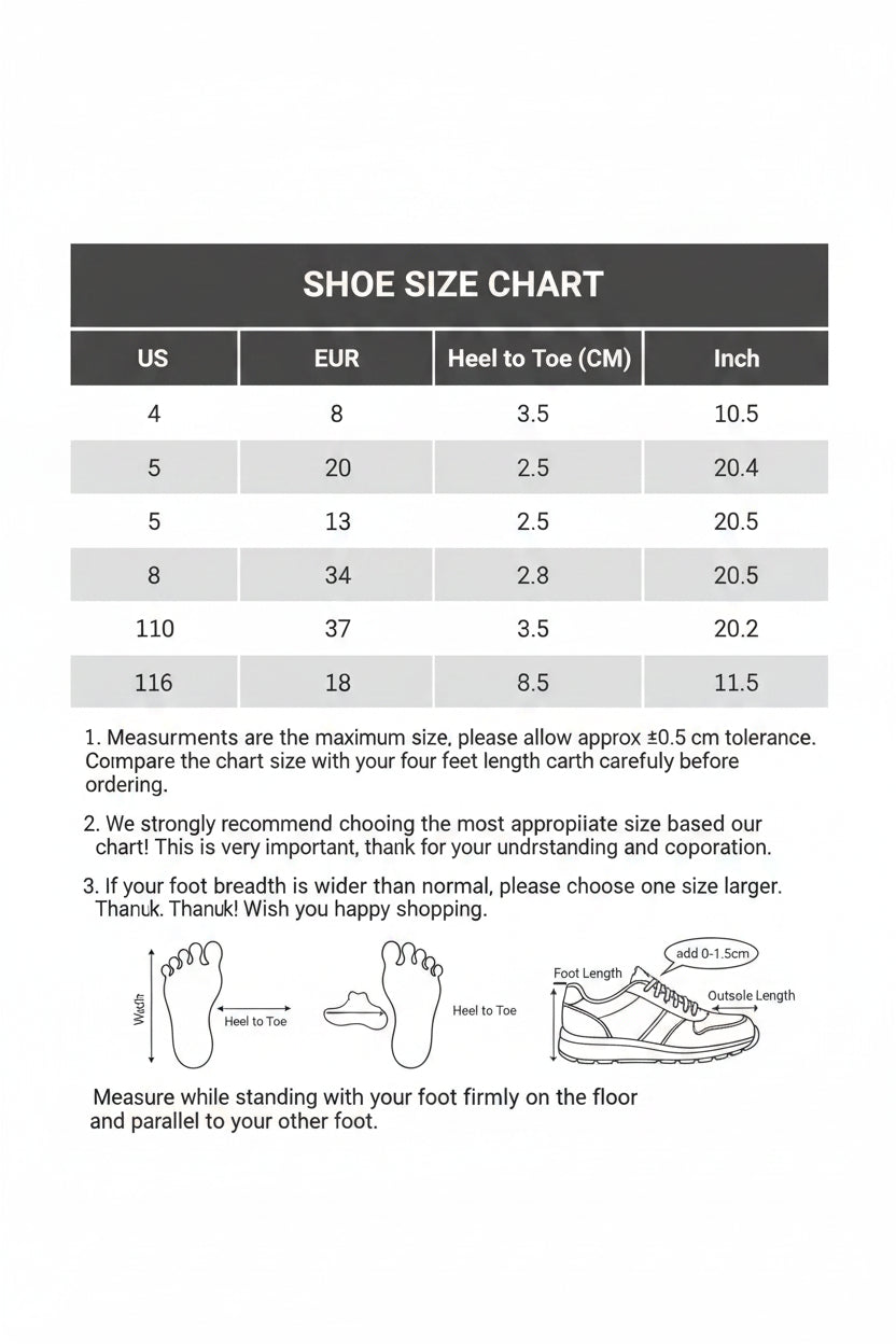Foot size chart with measurements in US, EUR, heel to toe, and inch formats.
