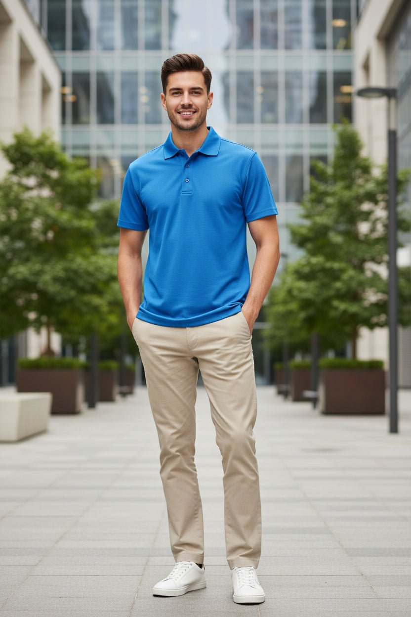 Blue polo shirt on a white background