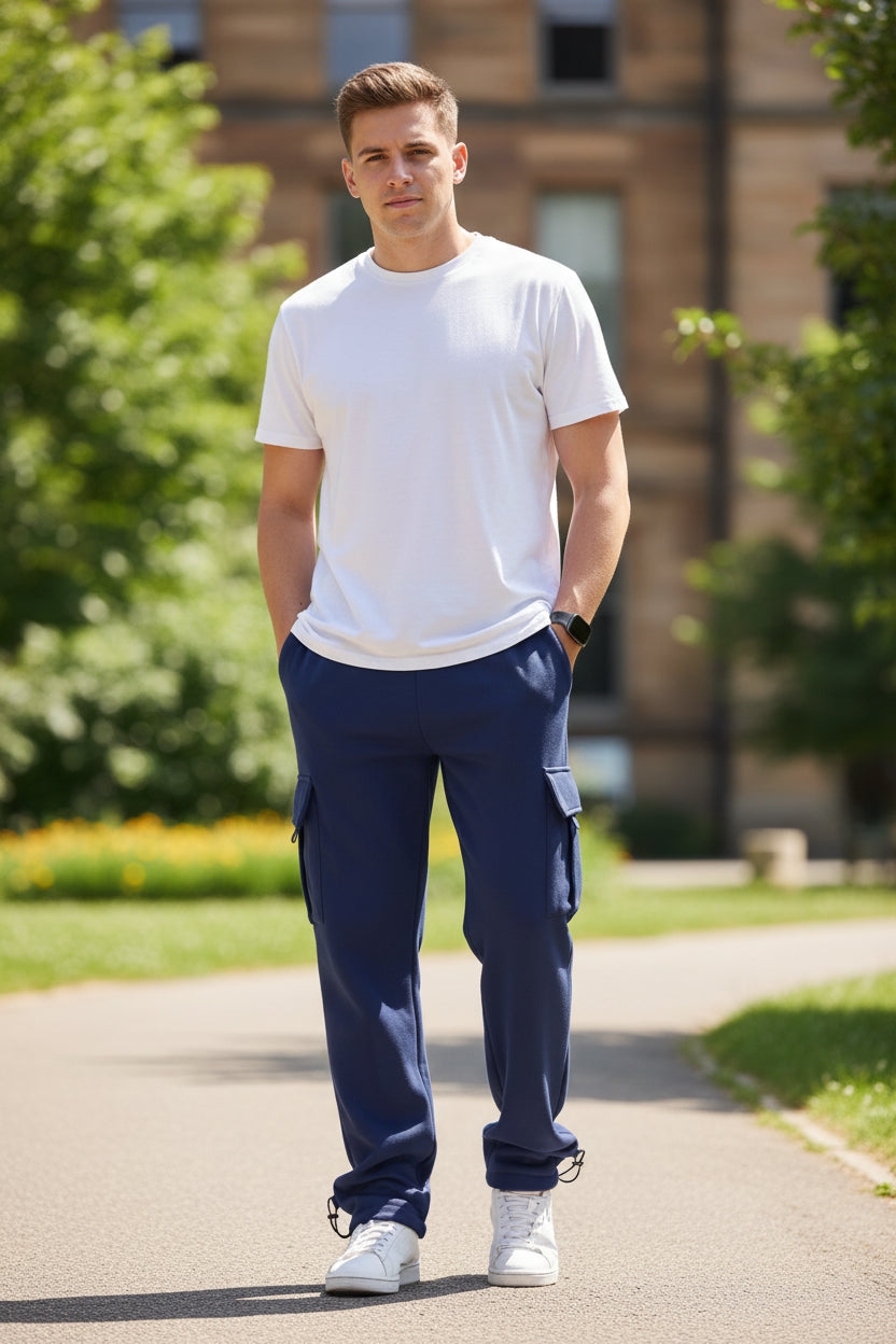 Person wearing navy cargo pants on a white background