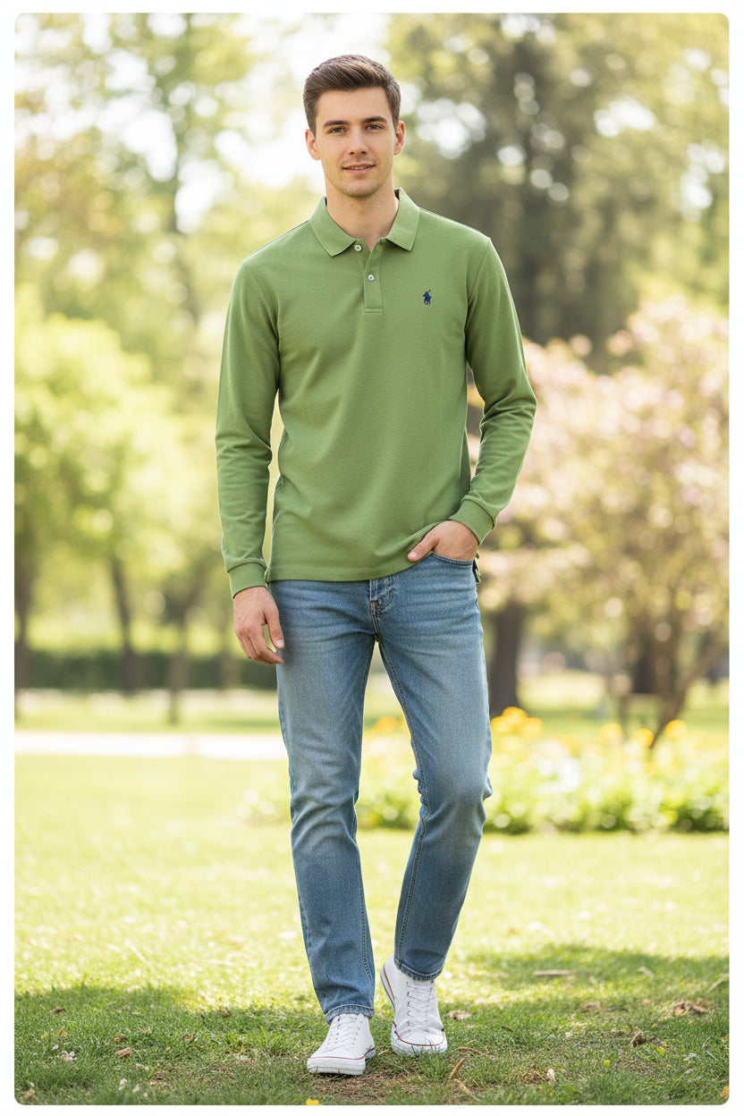 Green polo shirt on a hanger with other colored shirts in the background