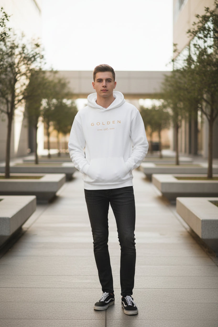 White hoodie with black hand and heart design on a dark background