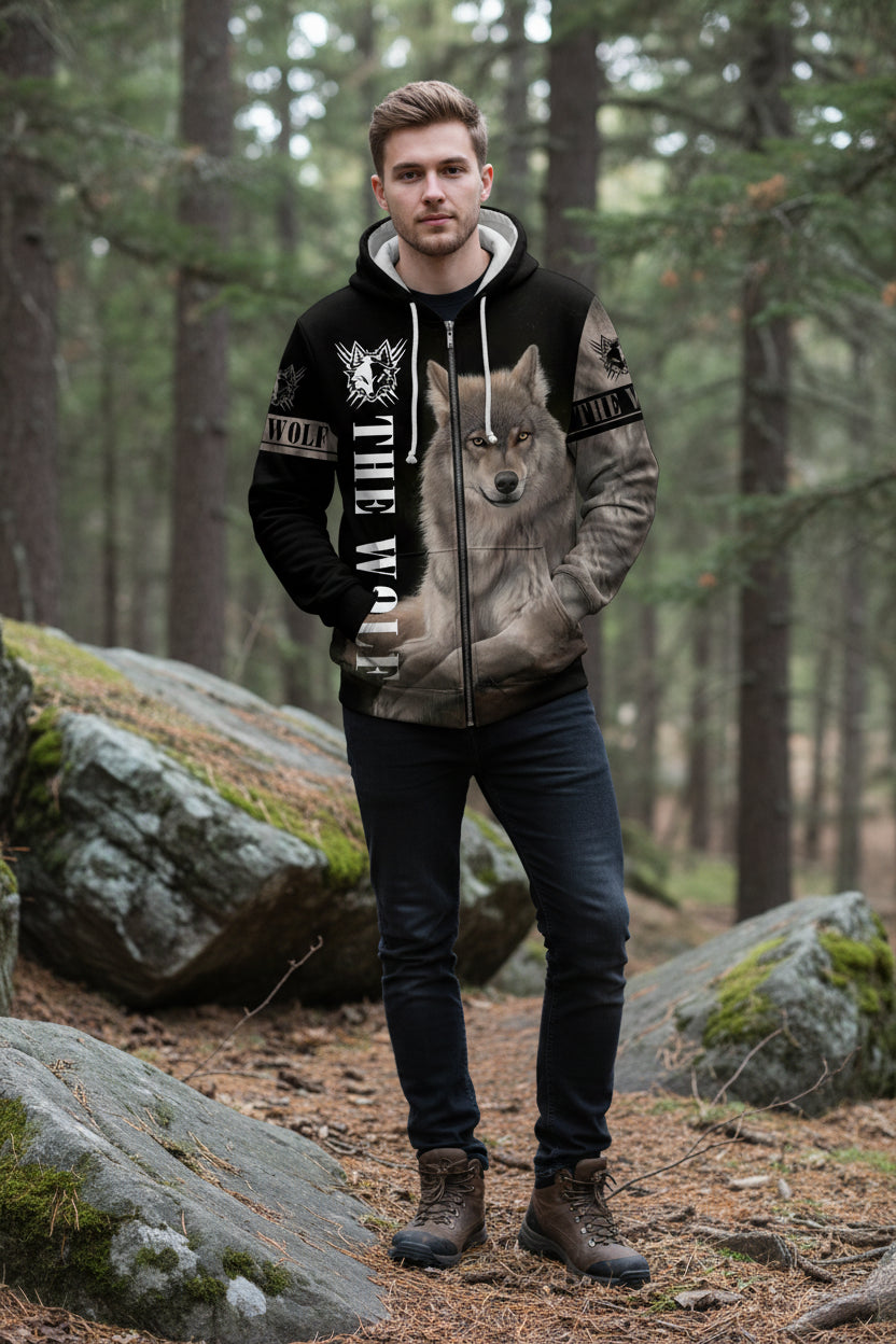 Black hoodie with a wolf design and 'The Wolf' text on a white background