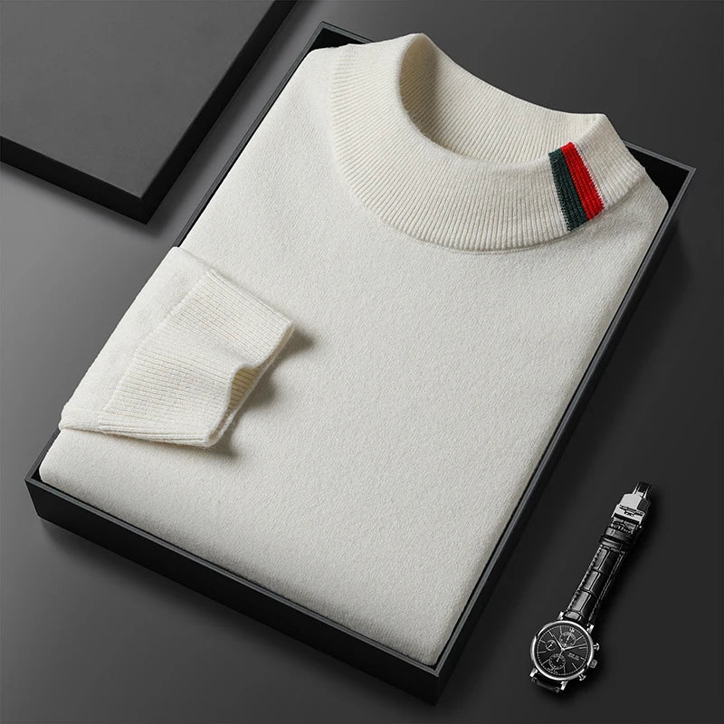 Autumn and Winter New Luxury Cashmere Sweater Men's Half High Collar Sweater High End Base Knitted Warm Wool Sweater Trendy