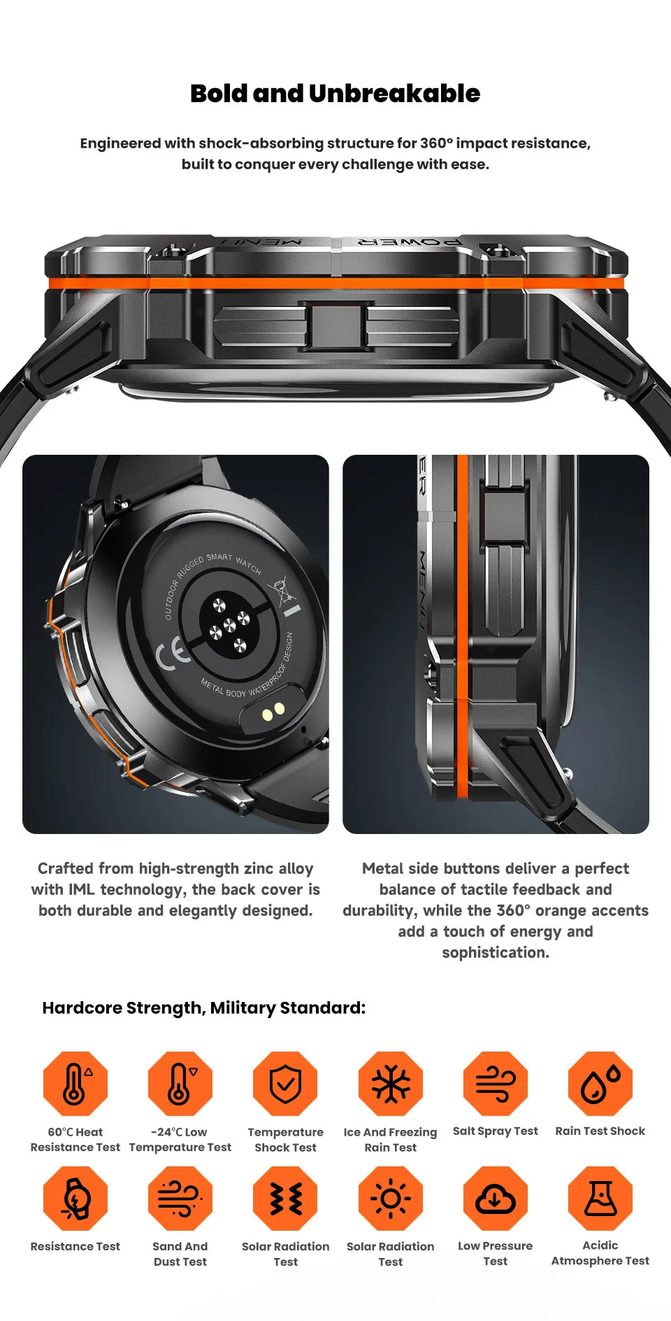 Watch with shock-absorbing structure and high-strength zinc alloy, featuring durability icons.