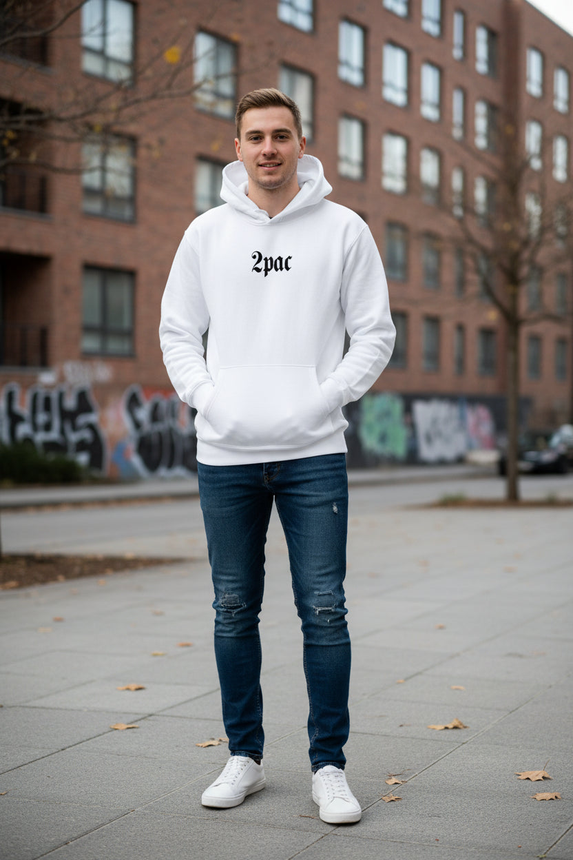 White hoodie with Tupac Shakur design on a white background