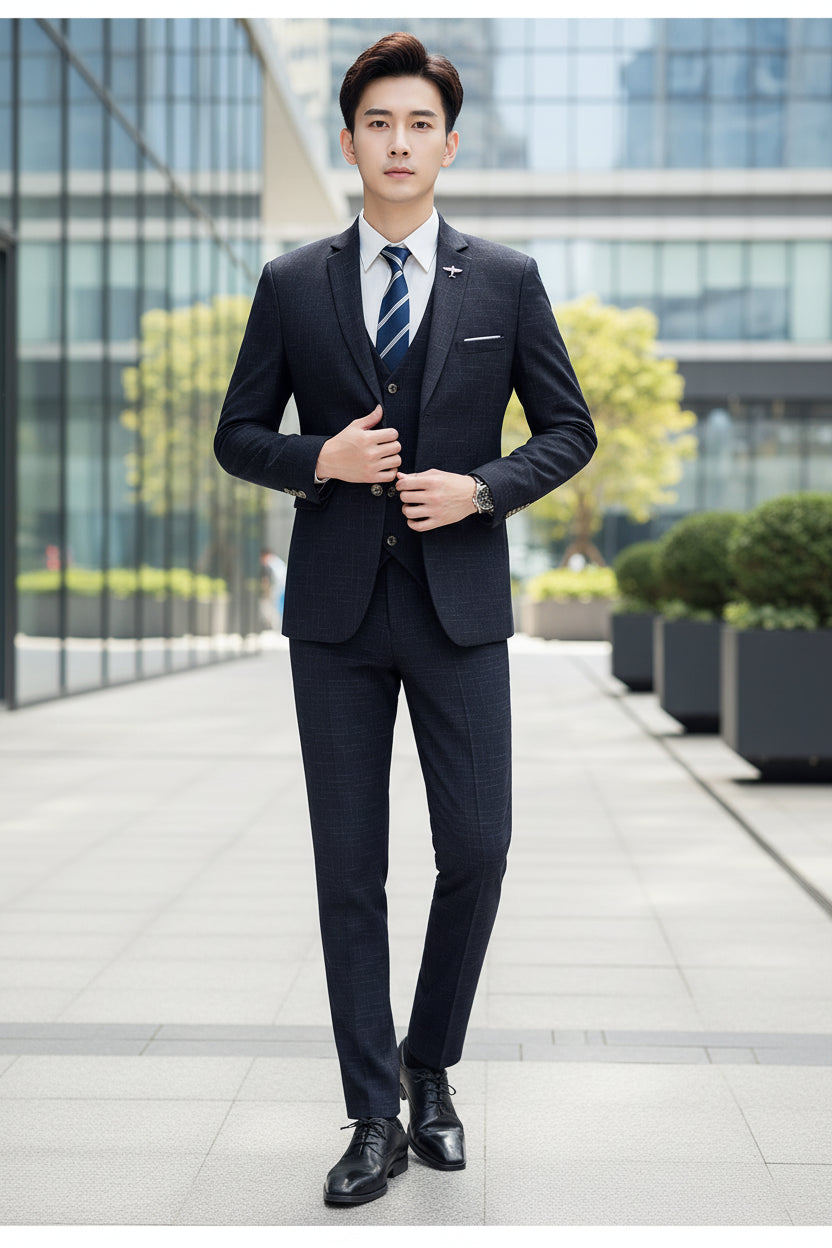 Person wearing a dark suit in a modern living room.