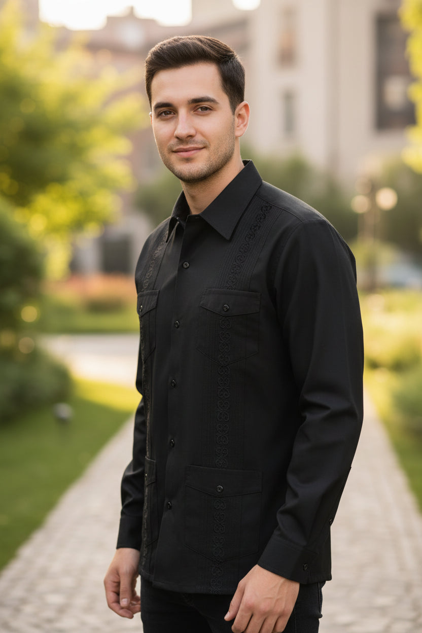 Black shirt with intricate lace detailing A Young man wearing this shirt outside
