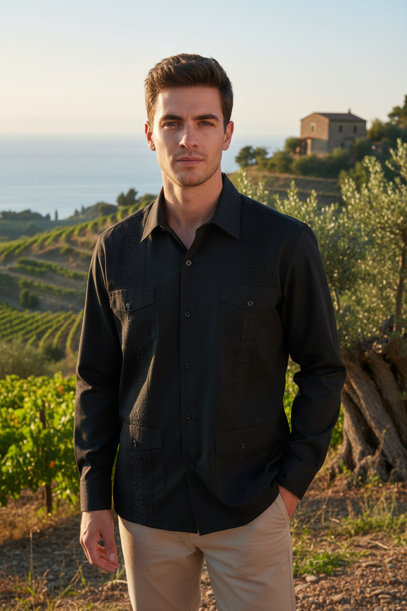 Black shirt with intricate lace detailing on a white background