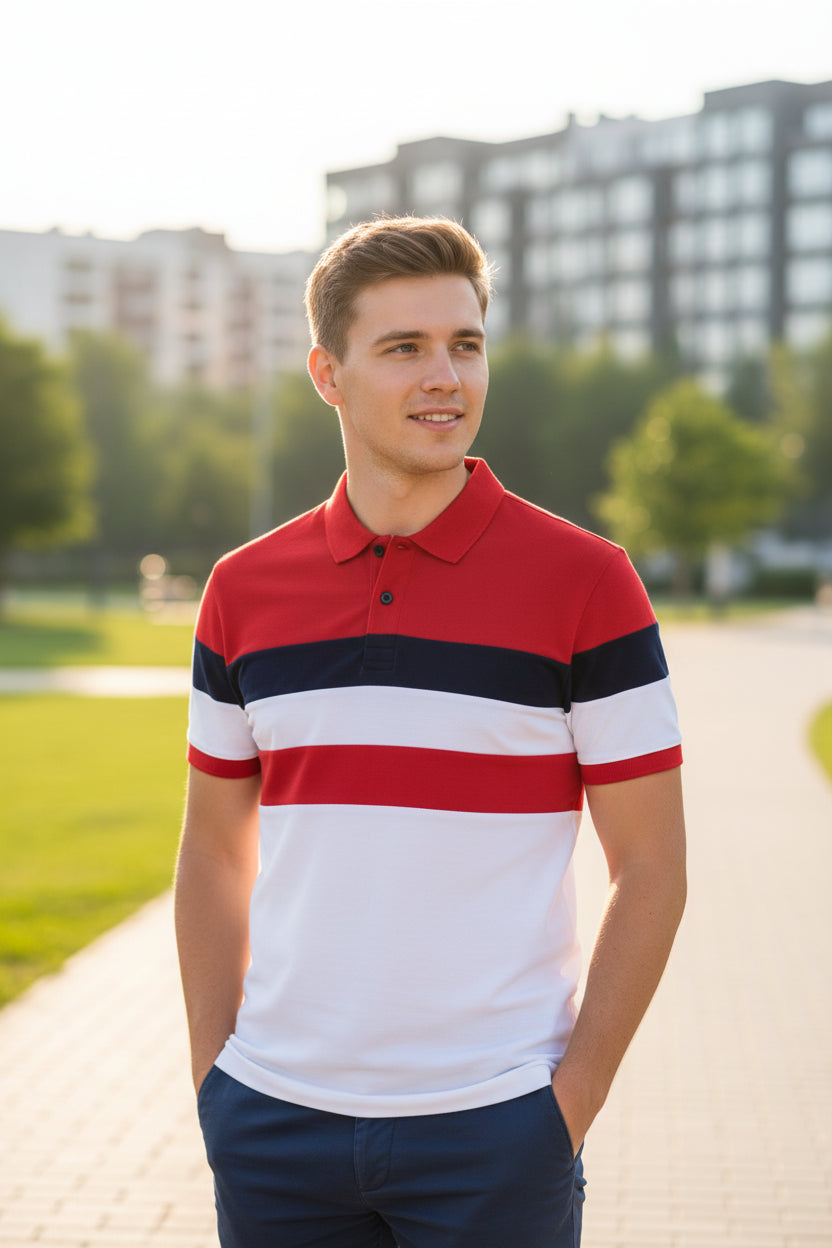 Polo shirt with red, white, and navy stripes on a white background