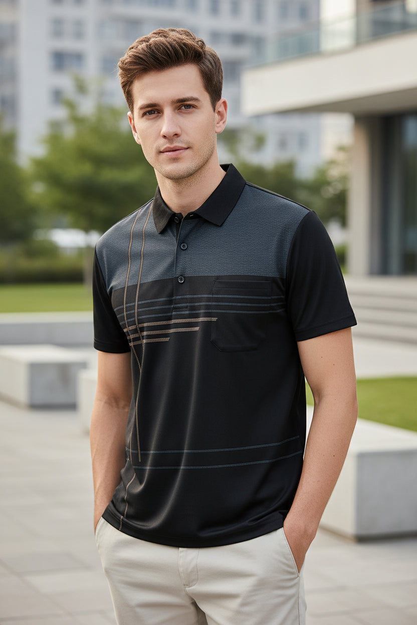 Black and gray striped polo shirt on a hanger against a light gray background