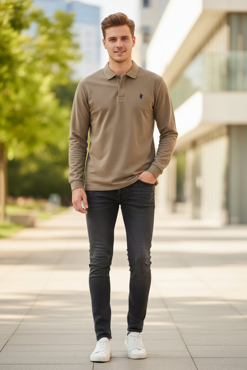 Spring and Autumn Long sleeved T-shirt pure cotton men's collar solid color