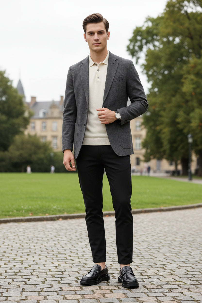 Black dress shoes worn with black pants on a beige background