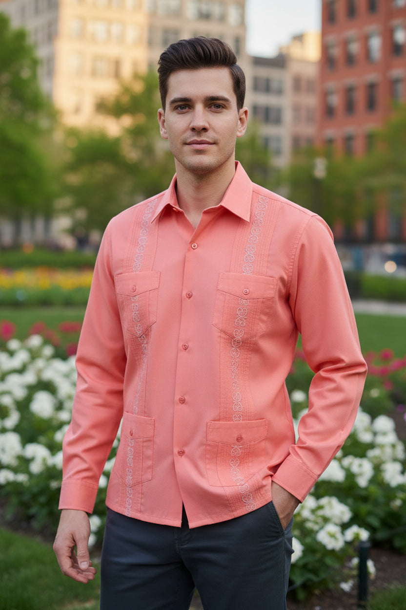 Coral pink shirt with intricate patterns Young man wearing it outside