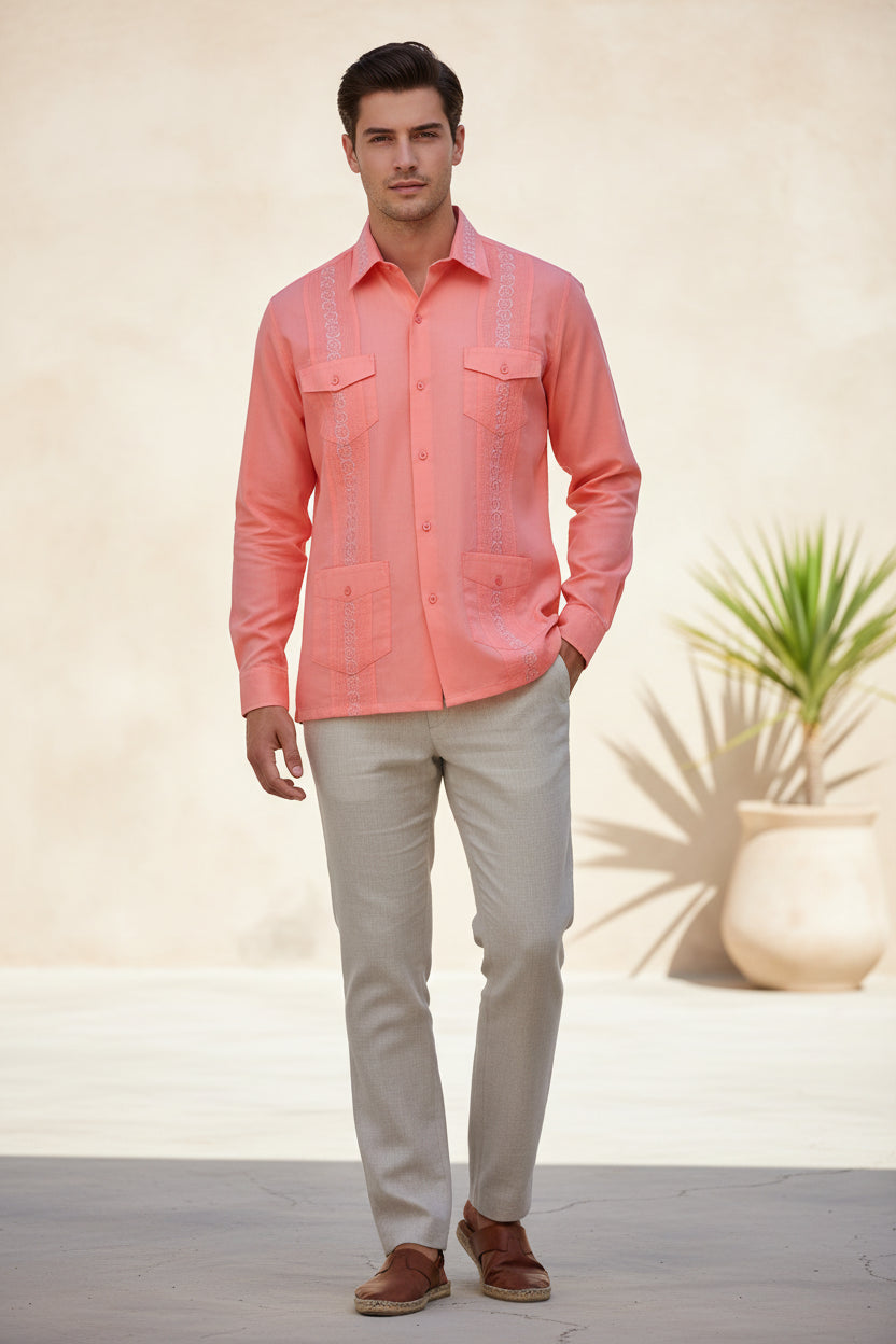 Coral pink shirt with intricate patterns on a white background