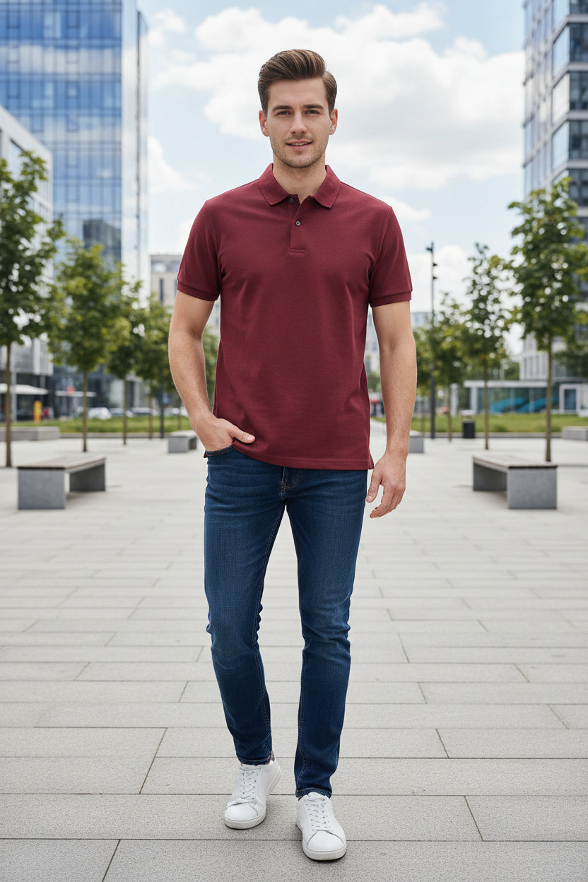 Red polo shirt on a hanger with other shirts in the background