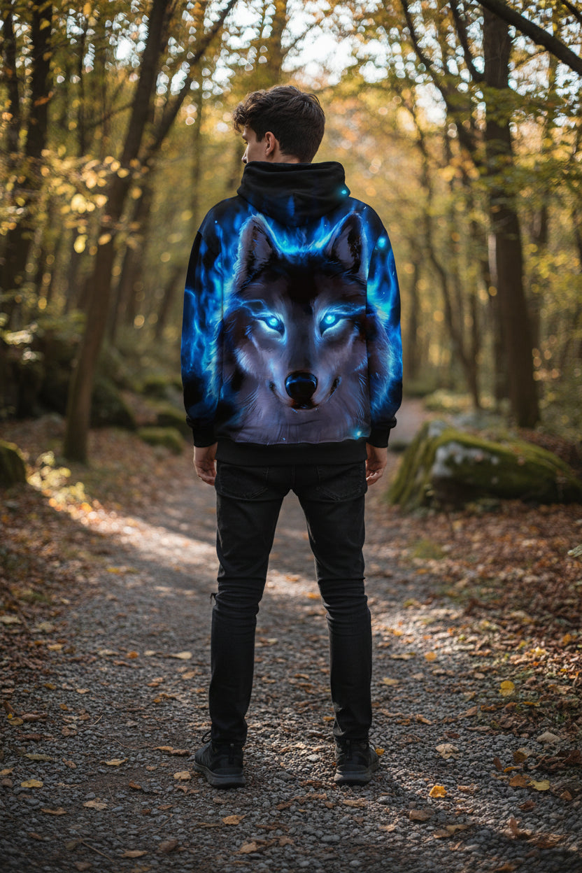 Hoodie with a wolf design and blue glowing effect on a white background